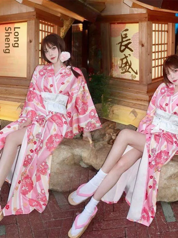 

Traditional Kimono Bathrobe Dress Improved Photography Costume for Girls Japanese Style Stage Performance Clothing Polyester
