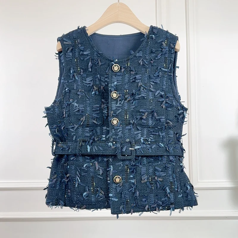 

Women White Round Neck Vintage Wine Small Fragrance Vest with Belt Dark Blue Simple Basic Tweed French Short Sleeveless Vest