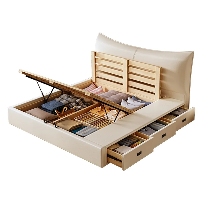 

Italian, minimalist, leather bed, modern, with drawers, storage, storage bed, light luxury