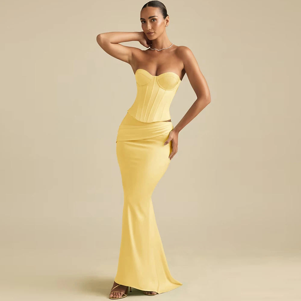 Mermaid Yellow Jersey Evening Dress Customized Strapless Sleeveless Homecoming Dresses Lace Up Back Special Occasion Gowns image 3