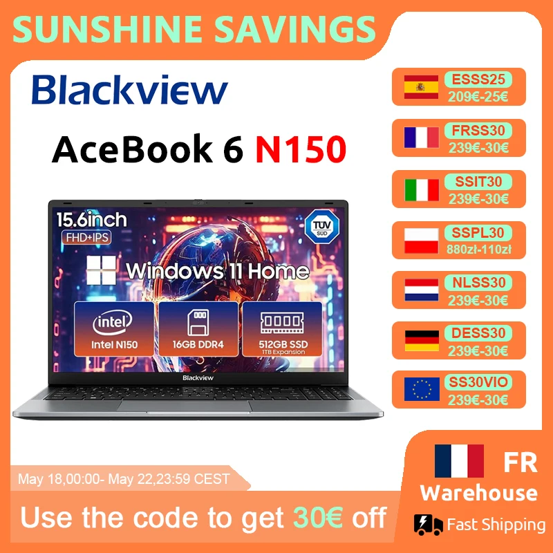 Ordinateur portable Blackview AceBook 6 15,6 pouces FHD IPS Intel Twin Lake N150 16 Go de RAM 512 Go SSD + extension jusqu'à 1 To Windows 11 Home