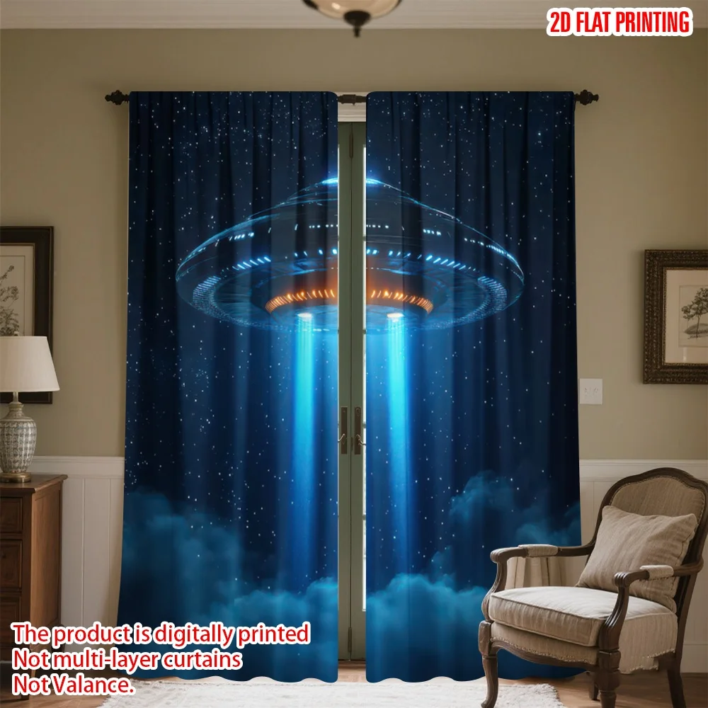 

2D flat printing 2pcs Window Curtains UFO Beaming Digital Printed Polyester Drapes Family Party Decoration Use for Home Wall
