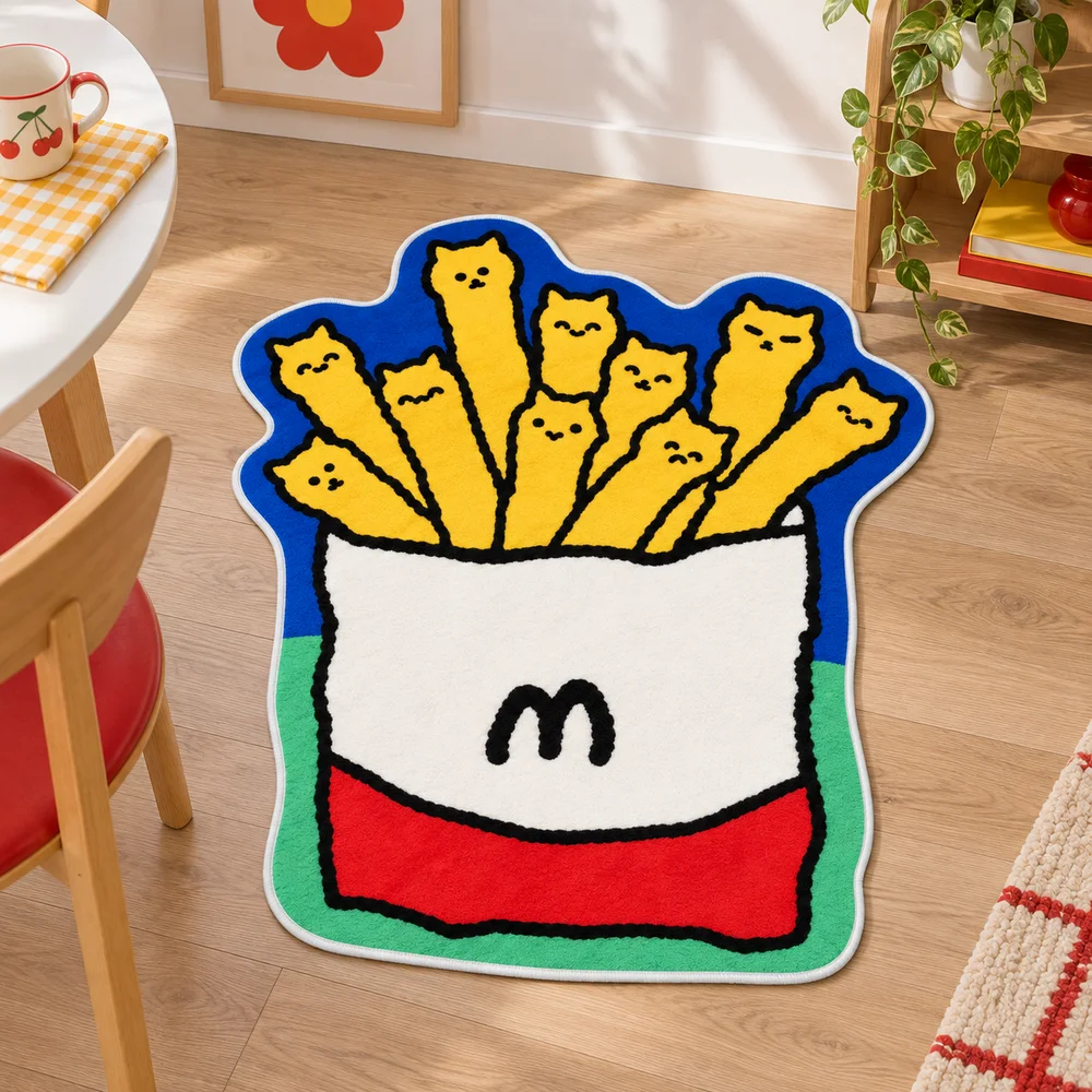 Funny Cat Fries Shaped Flannel Area Rug Fast Food Print Floor Mat for Kitchen Living Room Entryway Modern Home Decor Gift