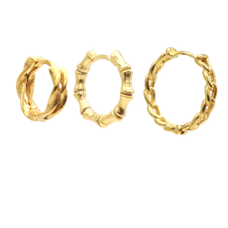 Gold Color Hoop Earrings Huggie Women Men Twist Bamboo Stainles Steel Round Circle Cartilage Helix Tragus Piercing Jewelry