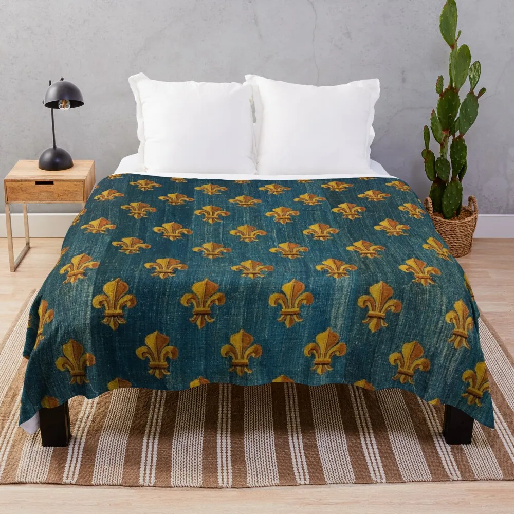 

GOLD FLEURS DE LYS IN BLUE Antique French Tapestry Throw Blanket