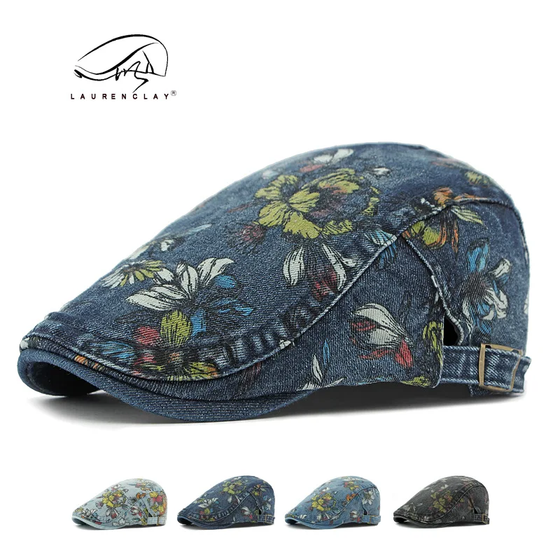 

Ethnic Style Hat Women's Korean-style Fashion Wash Denim Beret British Retro Flower Peaked Cap Advance Hats Men