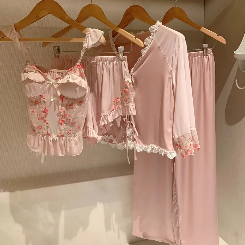

Женская одежда для сна, пижамный комплект из 4 предметов, сексуальный кружевной банный халат с вышивкой, ночная рубашка, брючные костюмы, свободная атласная домашняя одежда, одежда для дома