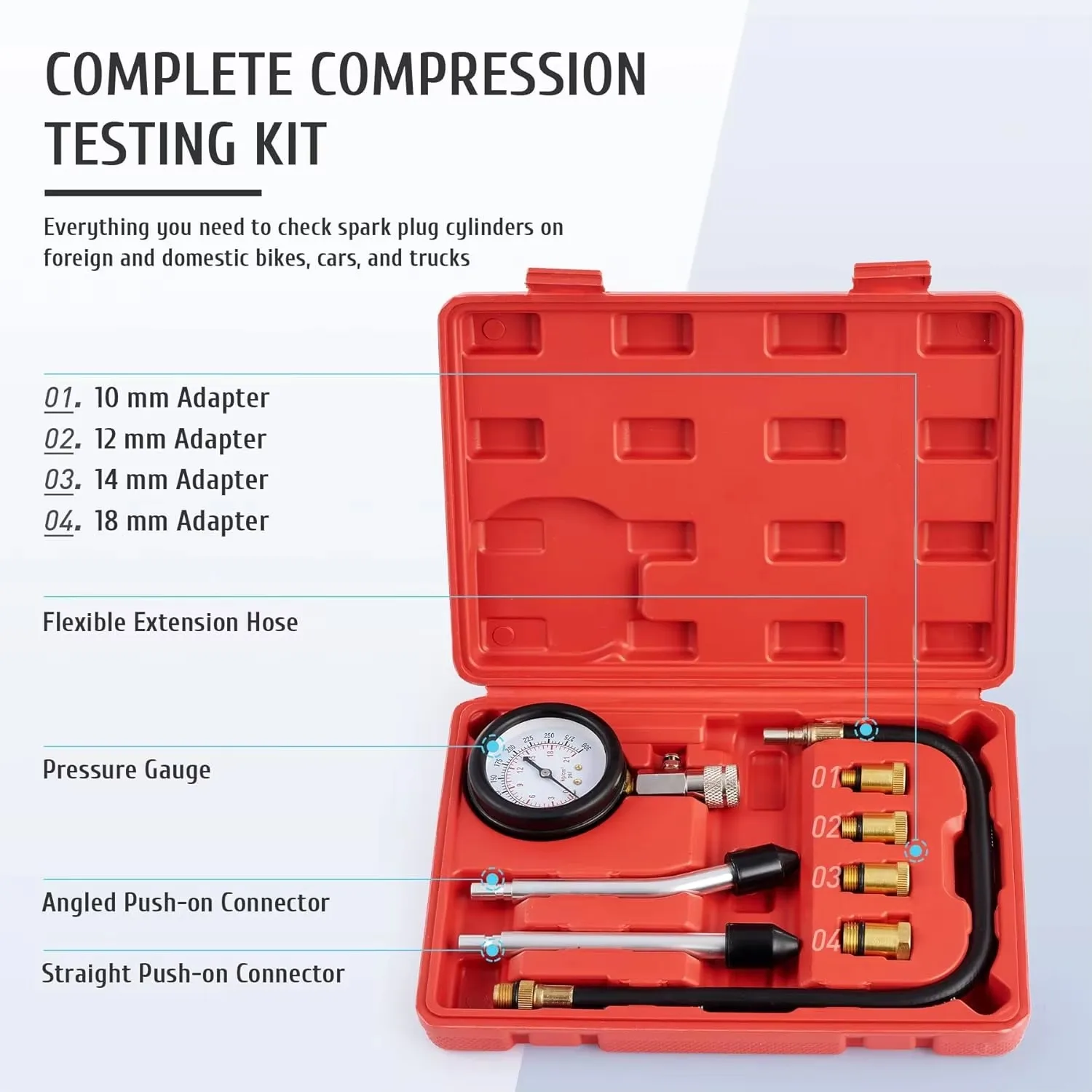 0-300 PSI Engine Compression Tester Kit 8Pcs Cylinder Leakage Diagnostic Gauge Set with Dial Display Universal Fit