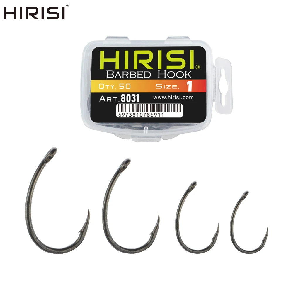 Hirisi 50 stücke ptfe beschichteter Edelstahl mit hohem Kohlenstoff gehalt, mit Widerhaken versehener Angelhaken 8031