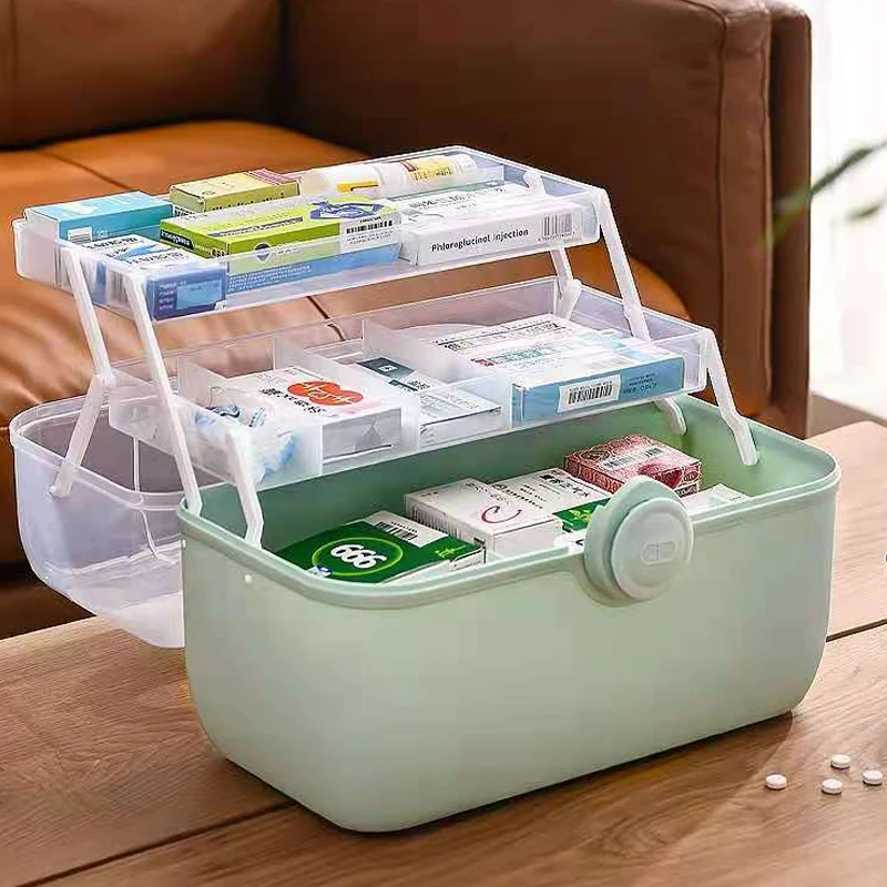 Large Capacity Medicine Storage Box 3-layer Folding Portable Drawer Box Plastic Dustproof Medicine Storage Family First Aid Kit