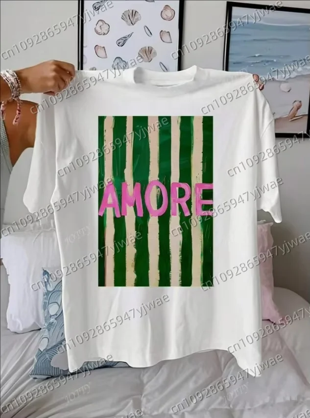 

AMORE Striped Art Pattern Summer Outfits Women Casual Round Neck Short Sleeve Cotton Men's T-Shirt Tops