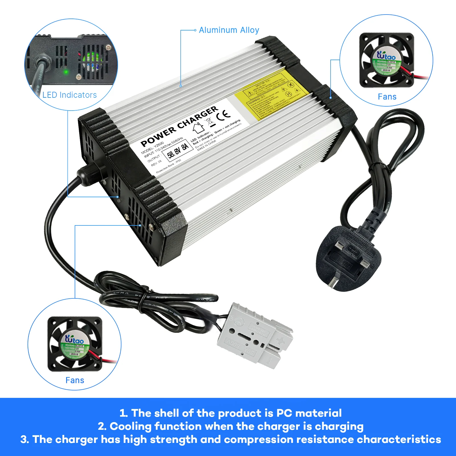 YZPOWER 58 فولت 8A ذكي الرصاص الحمضية سيارة موتور شاحن بطارية شحن سريع لجودة عالية مع مراوح التبريد