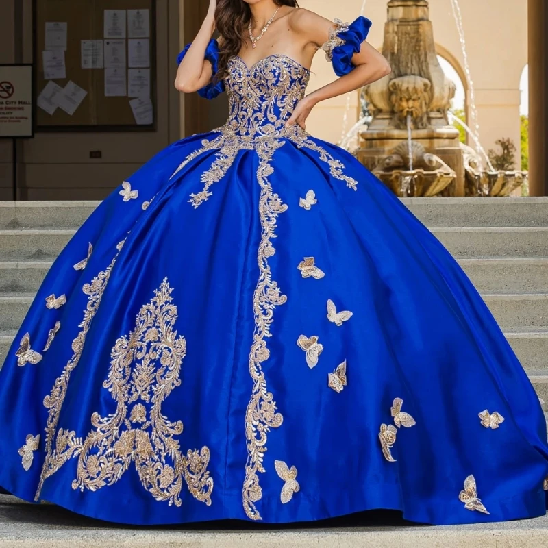 

Mexico Royal Blue Quinceanera Dress Off The Shoulder Ball Gown Gold Butterfly Applique Beaded Corset Sweet 16 Vestidos De 15Años