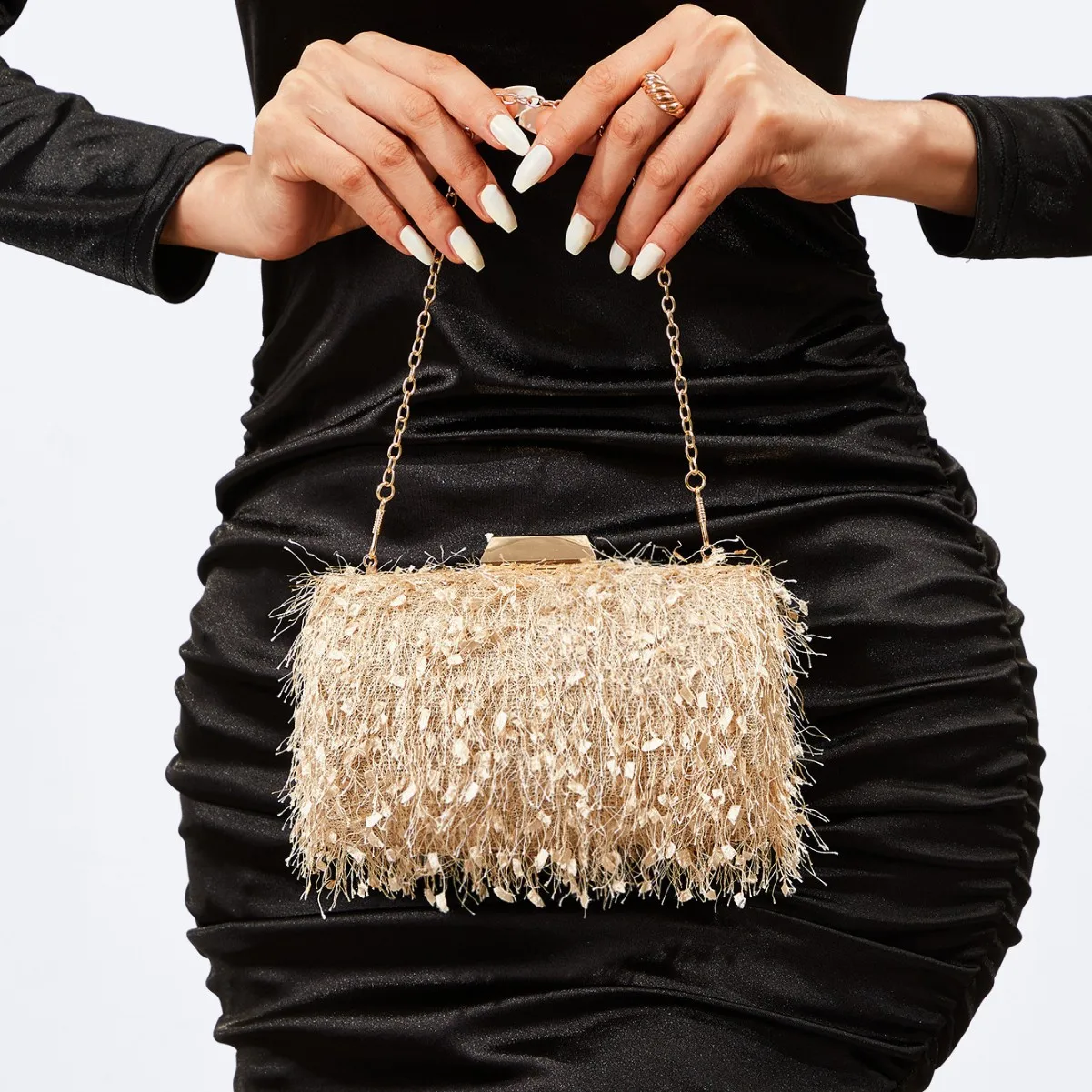 

Elegant Ladies Evening Clutch Box Bag with Luxury Tassel and Furry Design for Weddings and Parties Fashion Handbag
