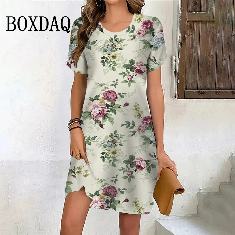 New Fashion Casual Summer Dress For Women 2024 Vintage Print Floral Dress Short Sleeve O-Neck Plus Size Print Female Clothes 6XL