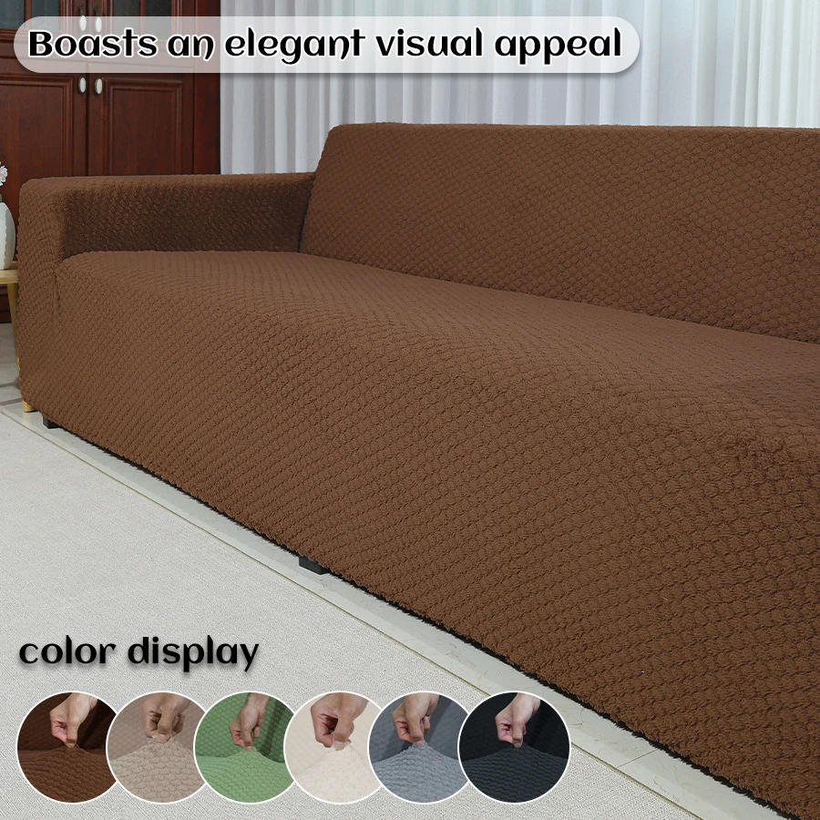 Elastic Stretch Plush Sofa Cover Solid Color Small Grid Design Machine Washable Living Room Furniture Protector Home Decor