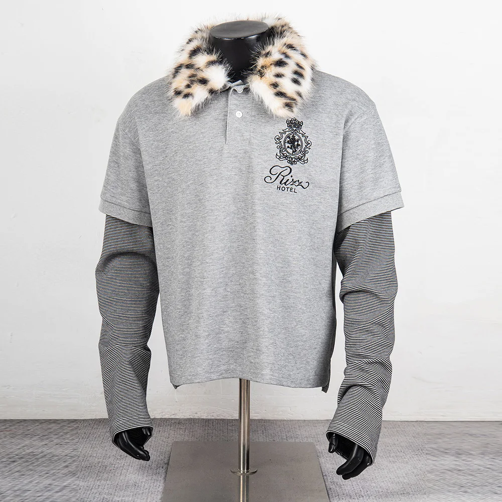 Vintage New Fashion Wool Neck Fake Two Pieces Long Sleeve Tshirts for Men and Women Vintage Streetwear Loose Cotton Top Tees