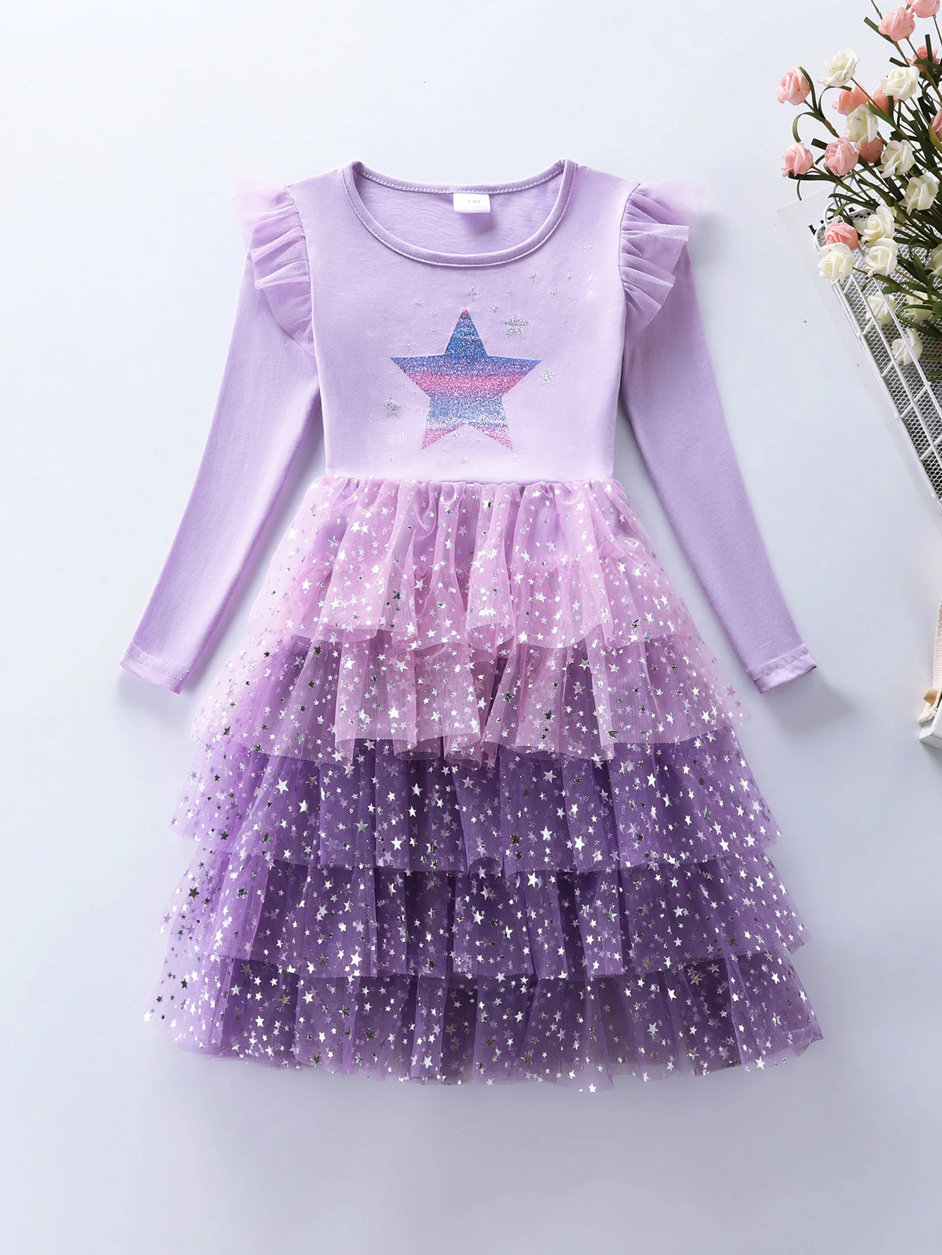 Girls Star Princess Dress Long Sleeve Ruffle Shoulder Layered Star Tulle Cake Dress for Party LH1778