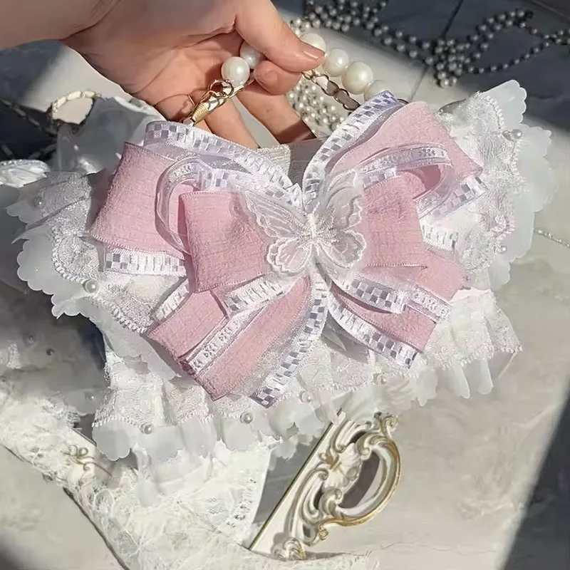 Romantic French Fashion Lolita Princess Girl Handbag Elegant Lace Bow Delicate Elegant Butterfly Pearl Gentle Afternoon Tea Bag