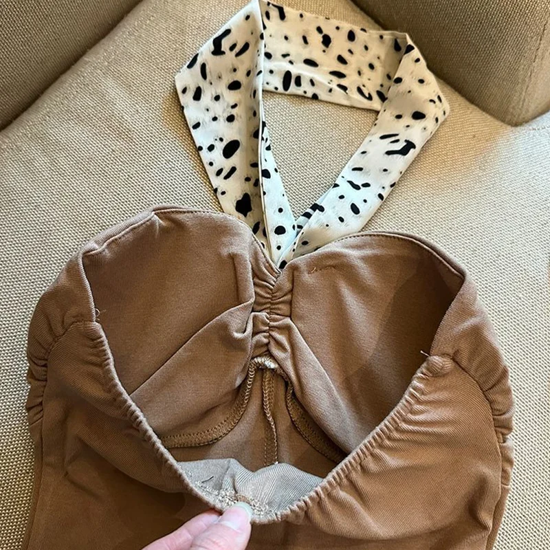 Trend Sexy Leopard Halter Patchwork Brust Wrap Top T Sommer Frauen Kleidung Neue Slim Alle-spiel Schnürung Leibchen Weibliche t-Shirts