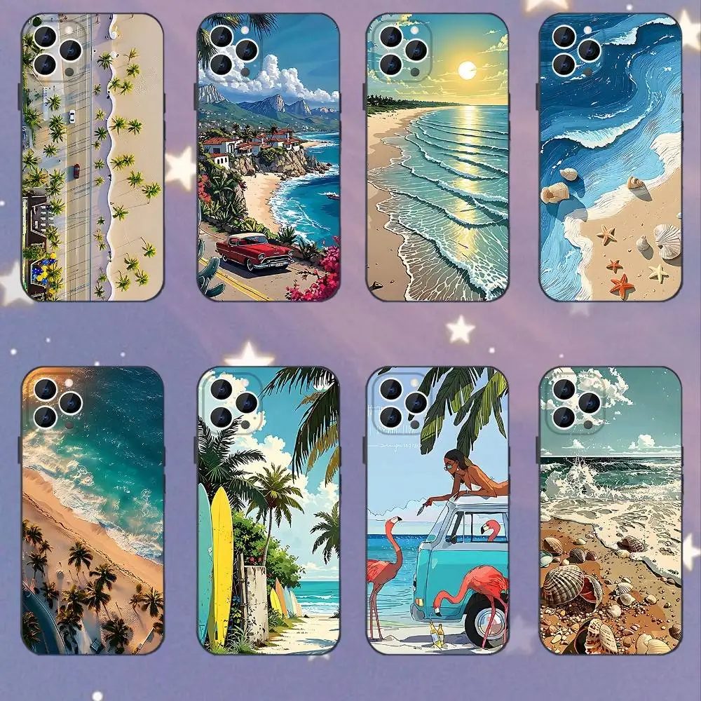 

Sea Beach Trees landscape Phone Case For iPhone 17,16,15,14,13,12,11,Pro,Max,Plus,E,Air,Mini Protective Black Cover