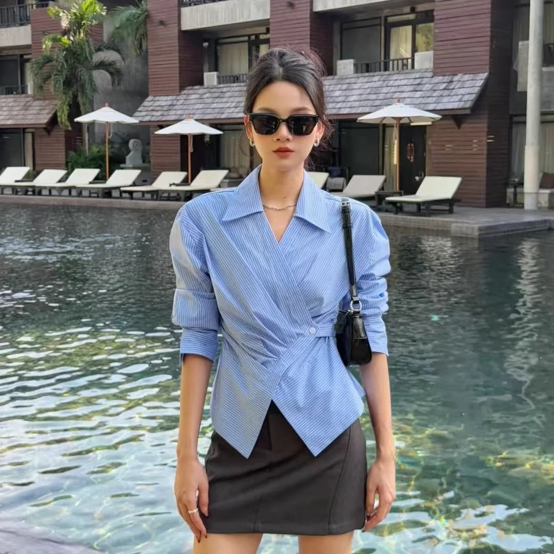 

Slimming Blue Striped Women's irt Korean Sle Regular Sve Long Length A-Line Design Turn-Down Collar Asymmetrical Top