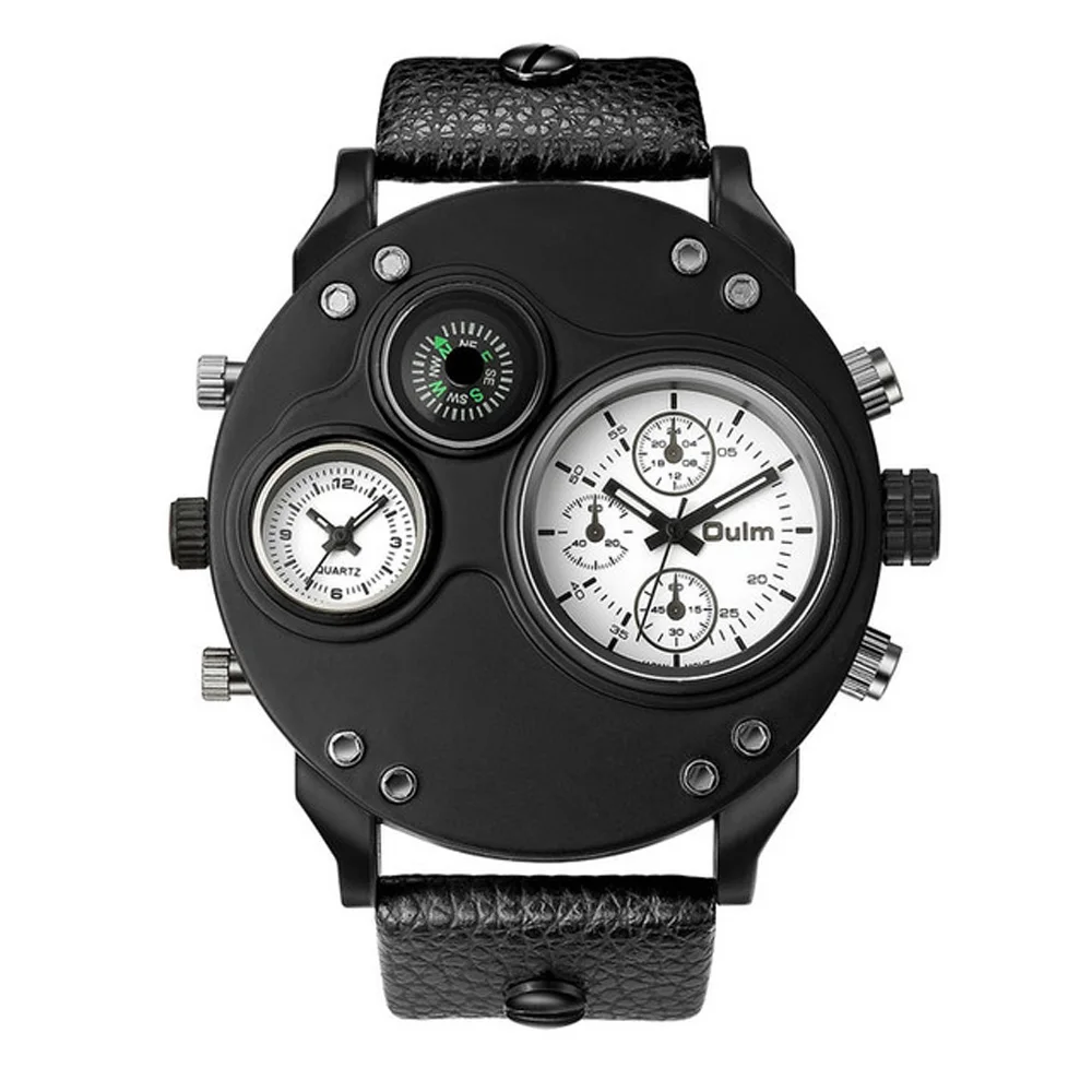 Fashion Oulm Top Brand Hp3741 Unique Men's Two Time Zone Quartz 3d Big Dial Casual Male Sport Compass Watch Relogio Masculino