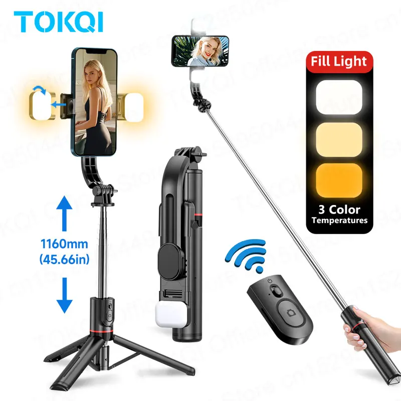 Trípode/palo Selfie TOKQI L13d con luz de relleno Bluetooth inalámbrico, soporte de 45,66 pulgadas, trípode portátil para teléfonos inteligentes iPhone 17/16