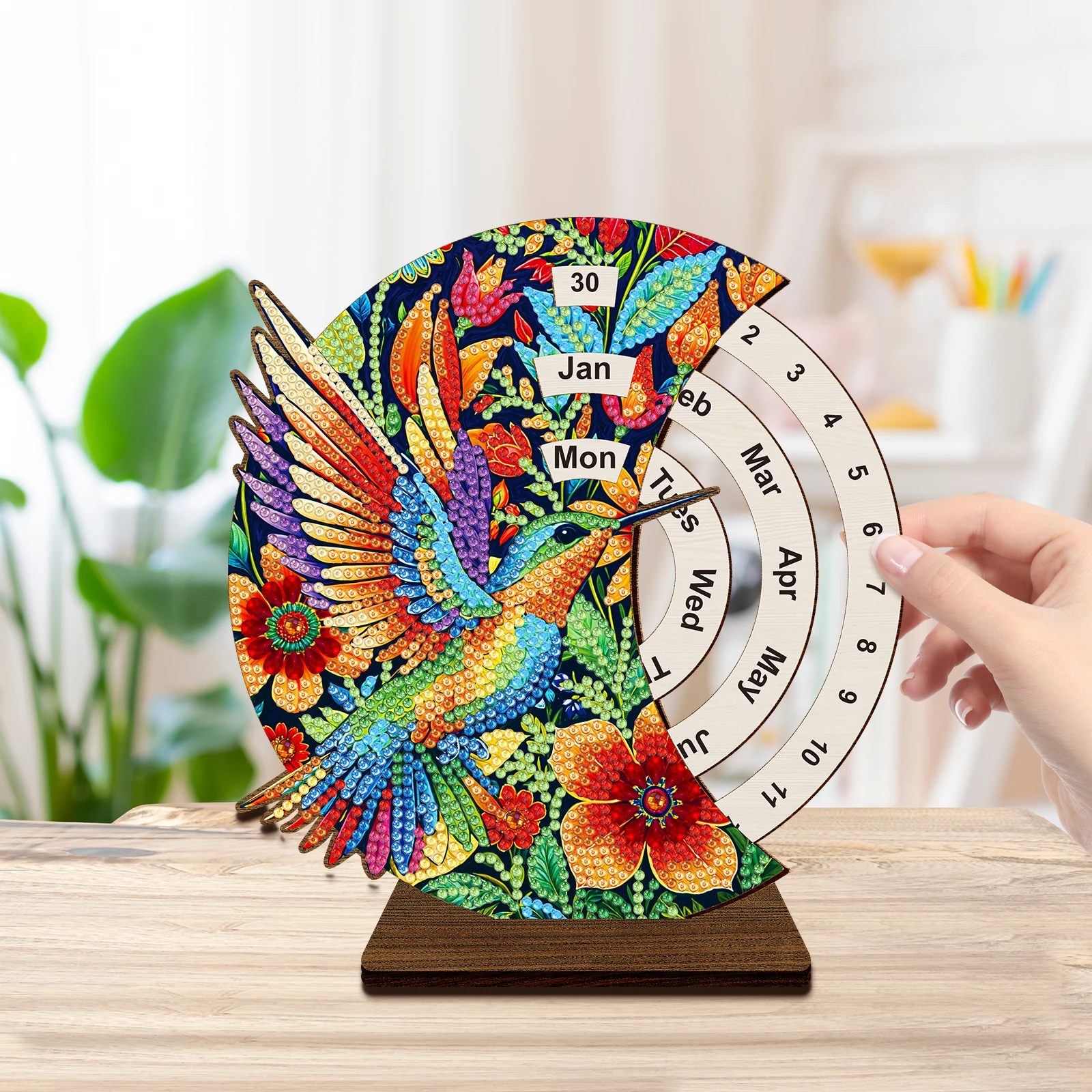 HOMFUN Diamond Painting Record Date Perpetual Calendar, Rotate Wooden Art Desk Calendar, 5D DIY Embroidery Gift for Home Decor