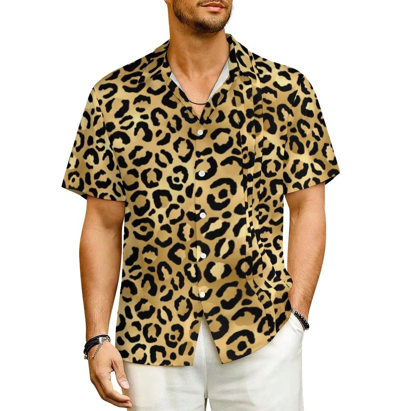 Camisa masculina de praia leopardo preta dourada, camisas casuais Cheetah Animal Vintage, streetwear de manga curta verão, blusas extragrandes com gráfico