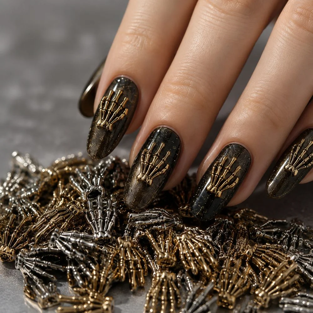 10Pcs 3D Retro Skeleton Hand Nail Charm Metal Alloy Skull Hand Nail Stud Punk Gothic Accessories For Halloween Nail Art Creation