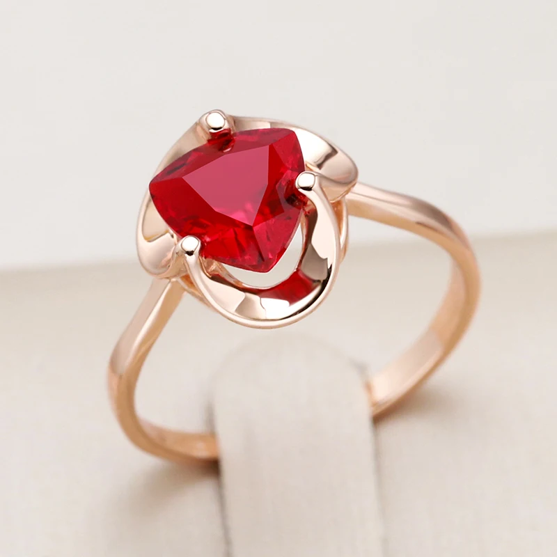 Kinel Hot Unique Red Natural Zircon Ring for Women Simple Hollow Flower 585 Rose Gold Ring High Quality Daily Fine Jewelry