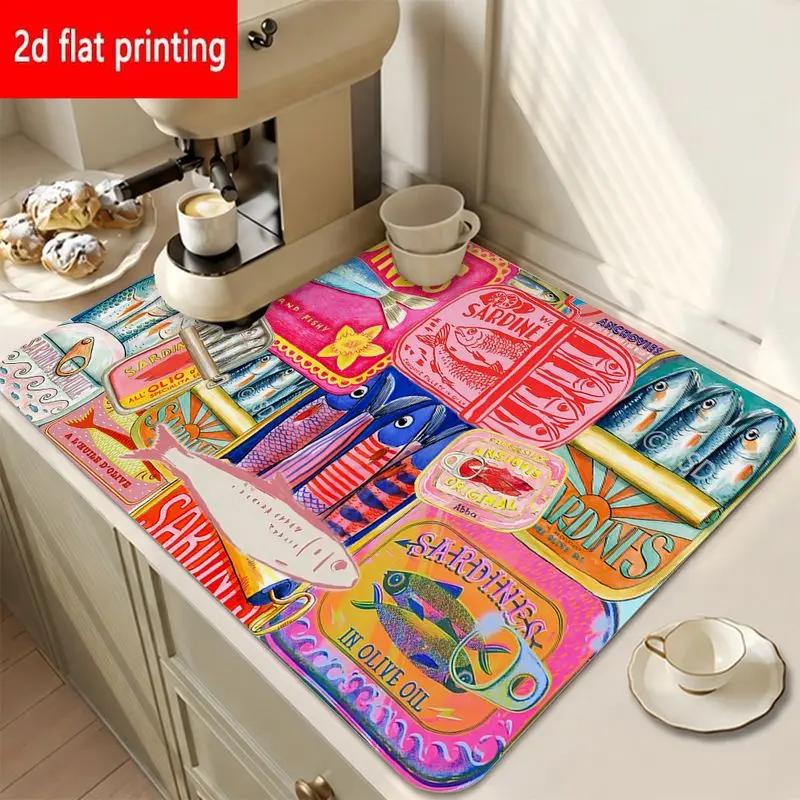 VIKAMA Retro Sardine Drain Mat Canned Fish Collage Art Print Absorbent Non Slip Kitchen Countertop Mat Kitchen Home Decor