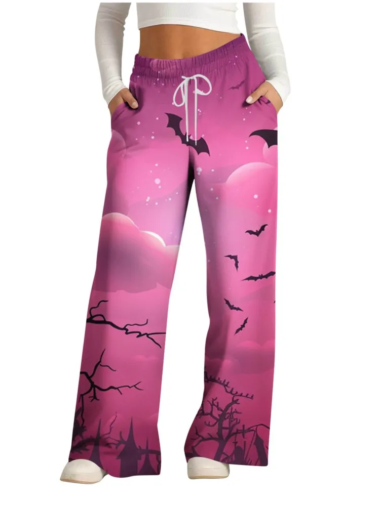 

2024 Pant New Halloween Print Loose Commuting Solid Spring Autumn Casual Vintage Trousers Drawstring Pockets Lace-up Pantalones