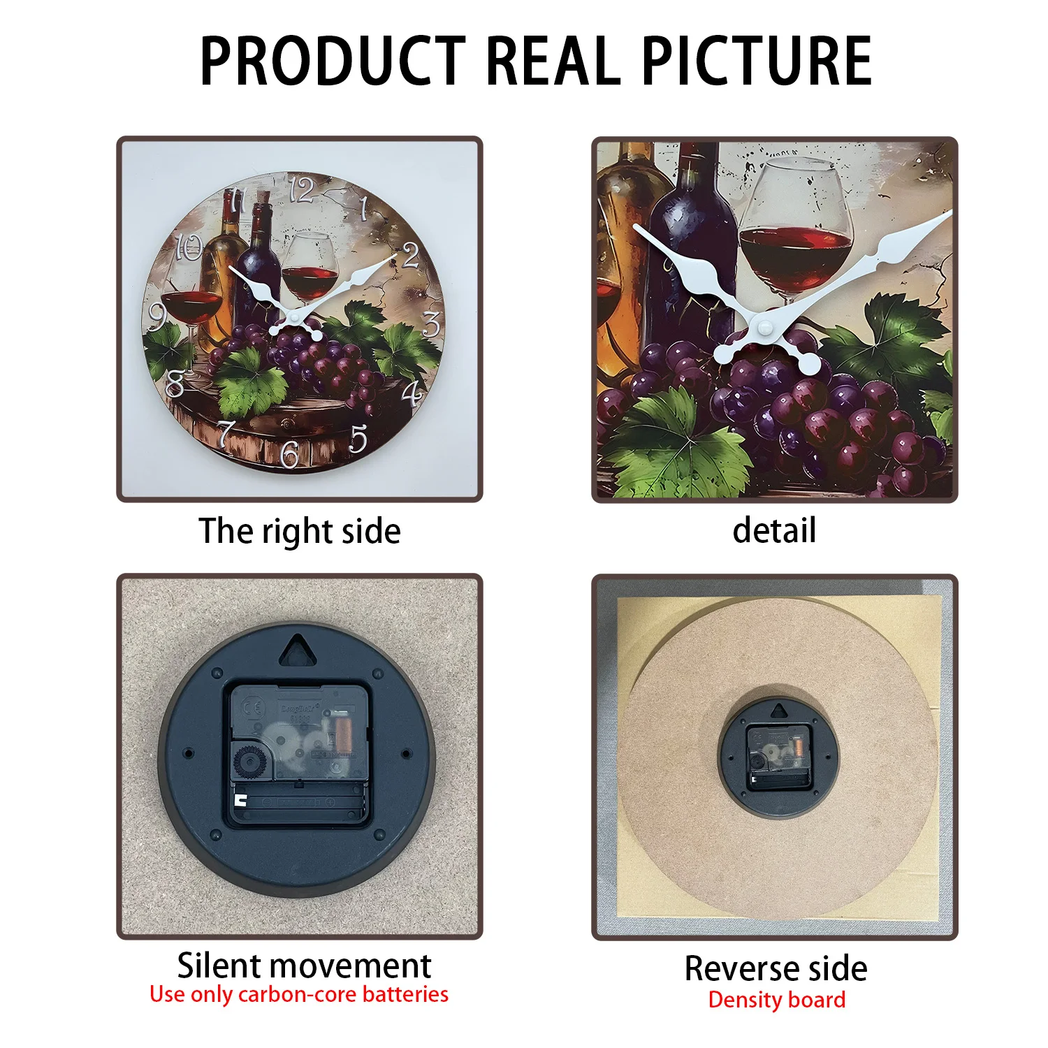 Vintage Elegant Wine Pattern Wooden Wall Clock Living Room Bedroom Kitchen Home Decor Silent Quartz Clock Holiday Gift 10-Inch 12-Inch 14inch 16inch