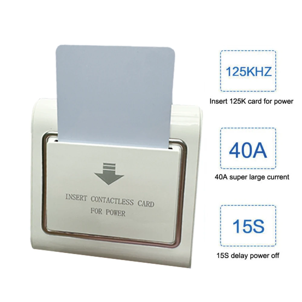 Ampla Tensão Energy Saving Switch, Suporte Cartão de Identificação, T5577, 125Khz, 110V, 127V, 220V, 40A Desligamento, 15s Delay