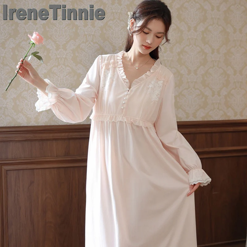 

IRENE TINNIE French Style Womens Nightgown Advanced Night Dress Autumn Long Sleeve V Neck Home Wear Beautiful White Nightwear