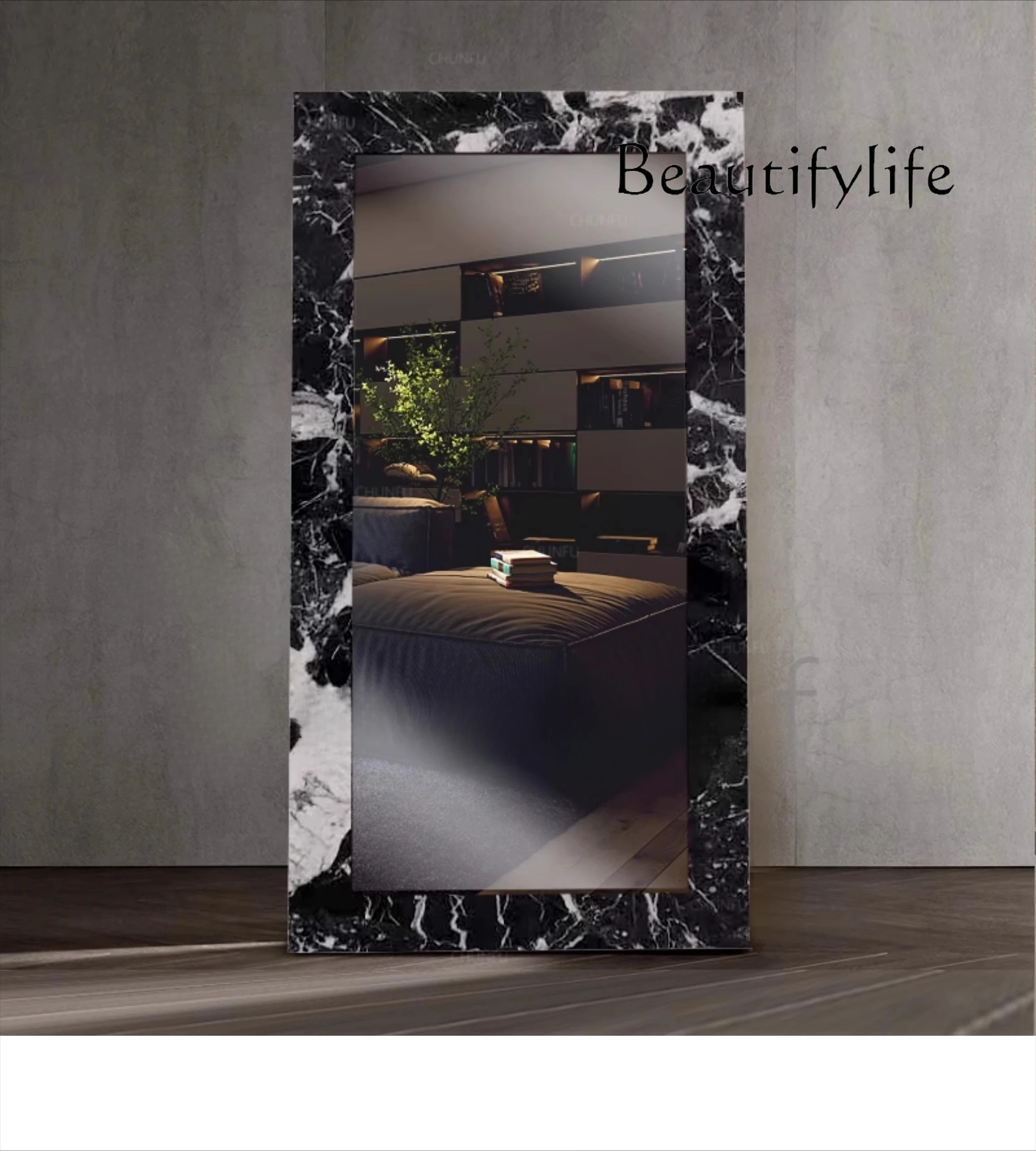 

Light luxury marble rectangular dressing mirror, living room bedroom fitting mirror, wall-mounted full-body floor mirror
