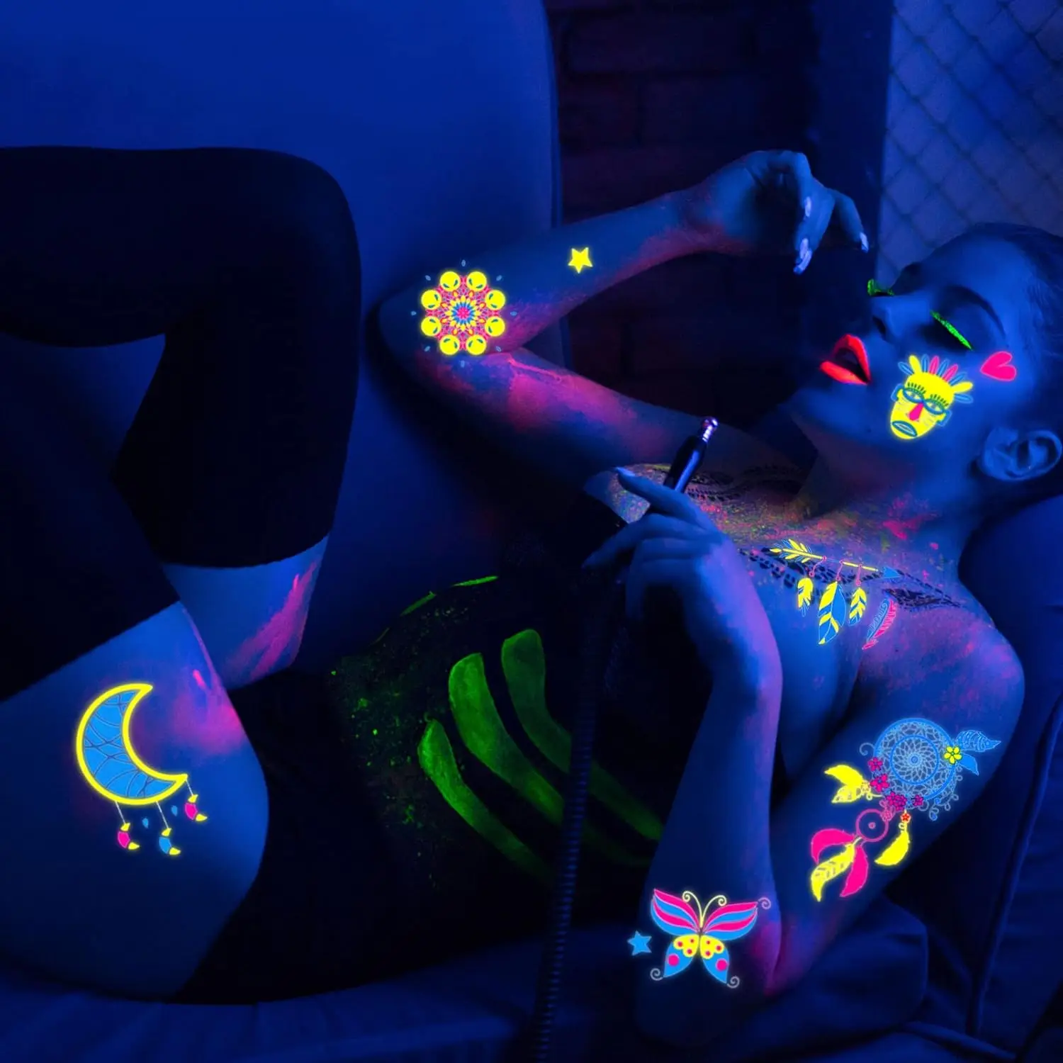 Neon UV Fluorescent Temporary Tattoo, Waterproof Luminous Fake Tattoo Bar KTV Nightclub Makeup Ball Designs For Punk Parties