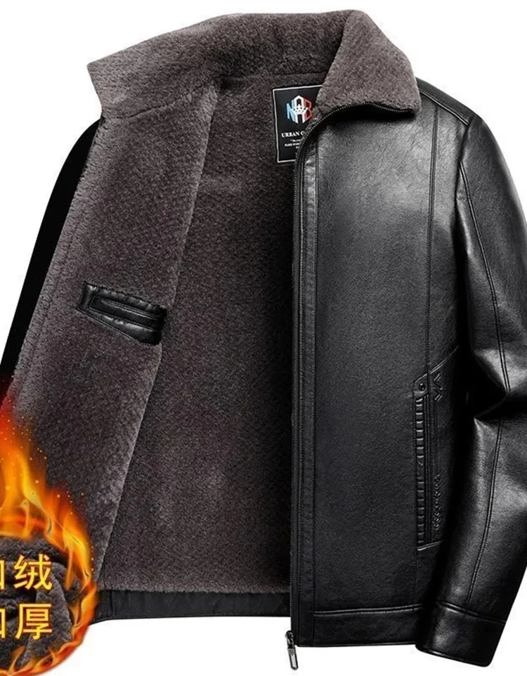 

Winter Warm Leather Jacket for Men, Plush Lined Thick Windproof Coat, Solid Color Casual Loose Fit, Large Size Sports