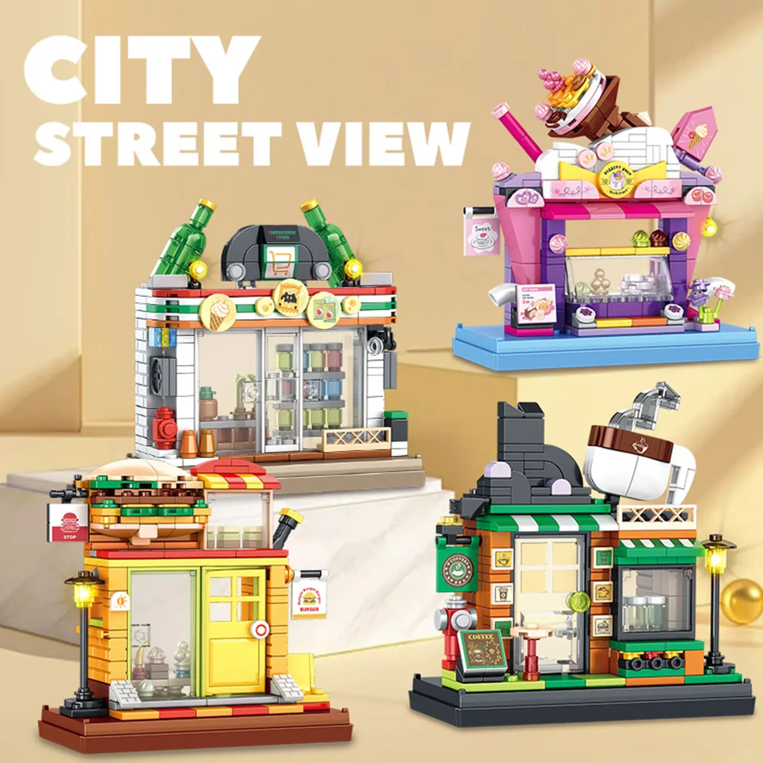 

City Street View Burger Coffee Bar Dessert Stores Architecture Building Blocks Toy Model for Kids Desktop Ornament Gifts 191+PCS