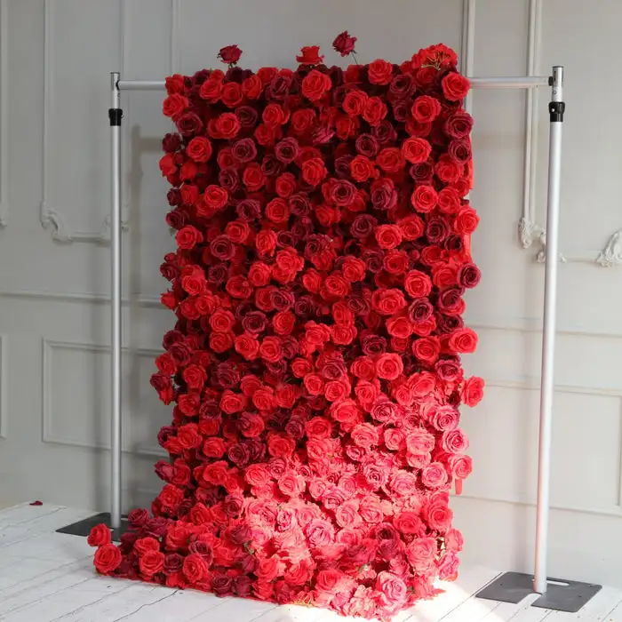 3D wine red rose green leaf artificial plant flower wall Outdoor wedding background banquet decoration curtain hanging fabric