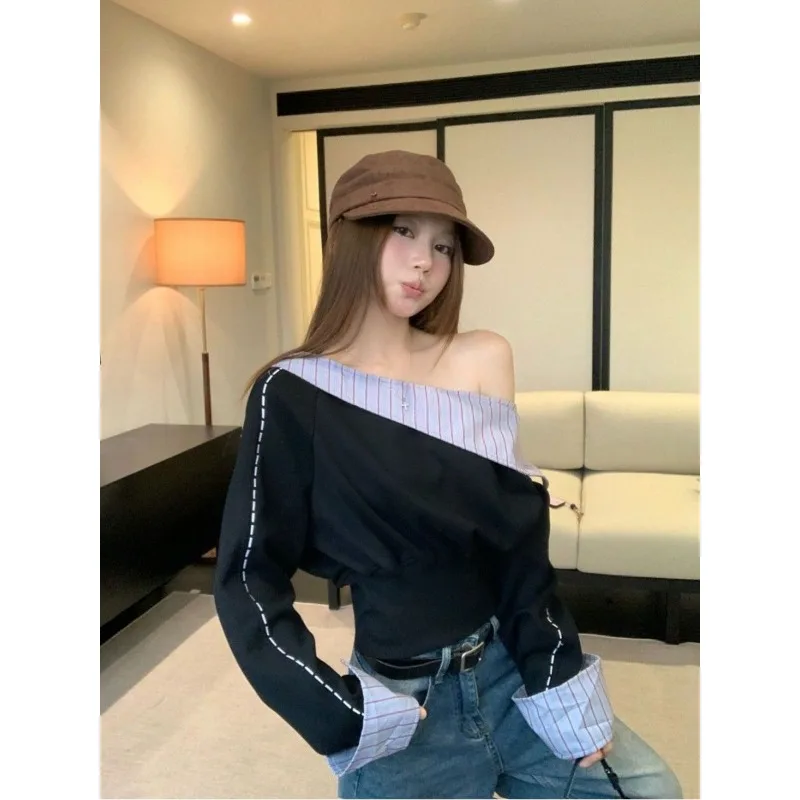 التباين شريط خياطة المنحدرة الكتف مزاجه بأكمام طويلة البلوز المرأة الخريف سليم صالح تنوعا