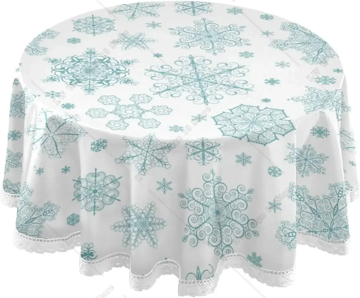 Christmas Turquoise Snowflakes Round Tablecloth Winter Table Cloth with Lace 60 In Dining Decorative for Holiday Party Decor