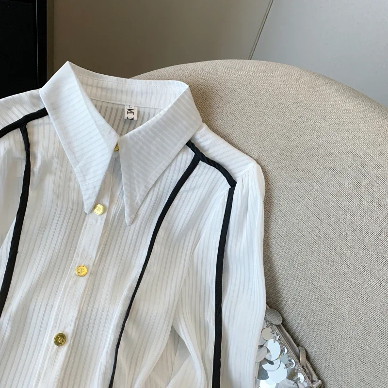 بلوزة شيفون عتيقة للنساء ، أكمام طويلة ، بلوزة فضفاضة ، ملابس مرقعة ، قمصان أحادية اللون ، طراز كوري ، جديد ، صيف #3