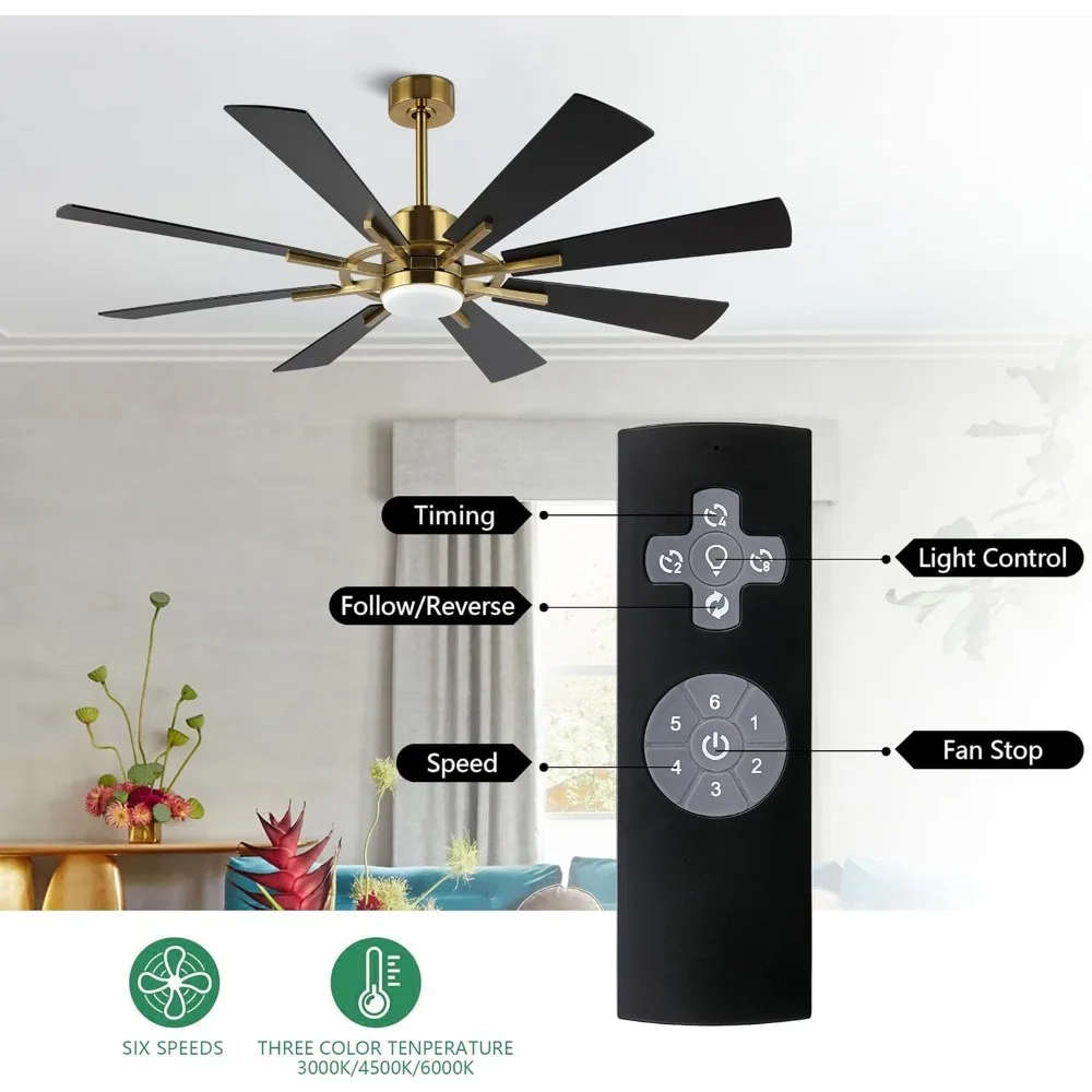 DC Ceiling Fan with Lights and Remote Control, Gold and Black, 8 Plywood Blades, 6-Speed Reversible DC Motor