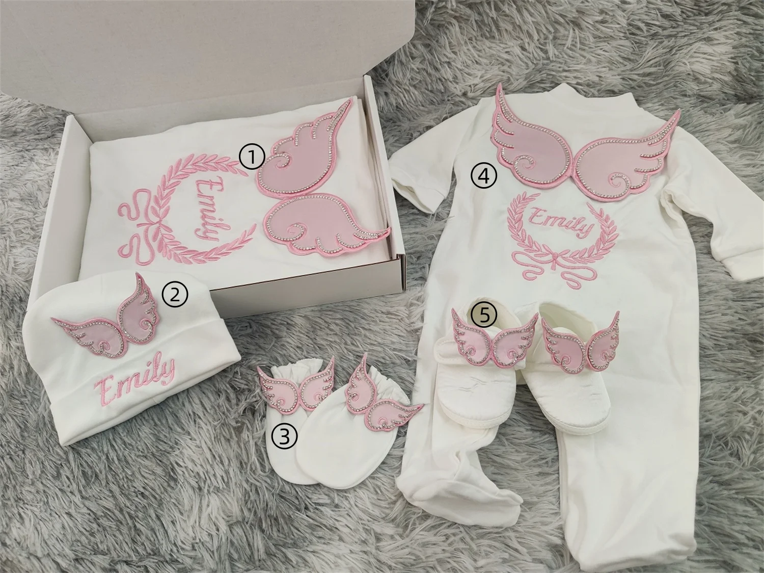 Custom Name Baby Angel Wing Romper 5Pcs Pink White Newborn Coming Home Outfit Set With Hat Booties Mittens