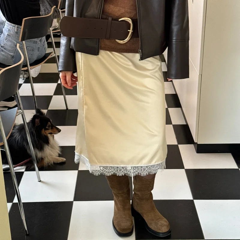 

Women Y2k Lace Trim Satin Midi Skirt Half Slip Long Skirts A Line Flowy Silky Maxi Skirt for Under Dress Streetwear