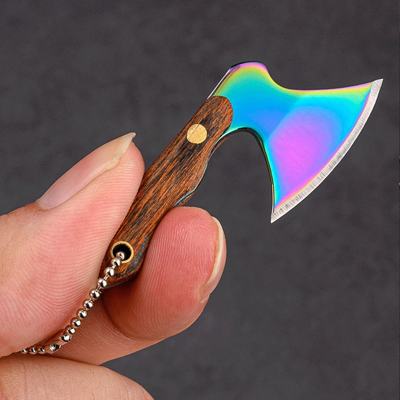 Portable Keychain Ax Knife Pocket Creative Mini Hatchet Knife Stainless Steel EDC Fixed Blade Wood Handle Kitchen Small Knives