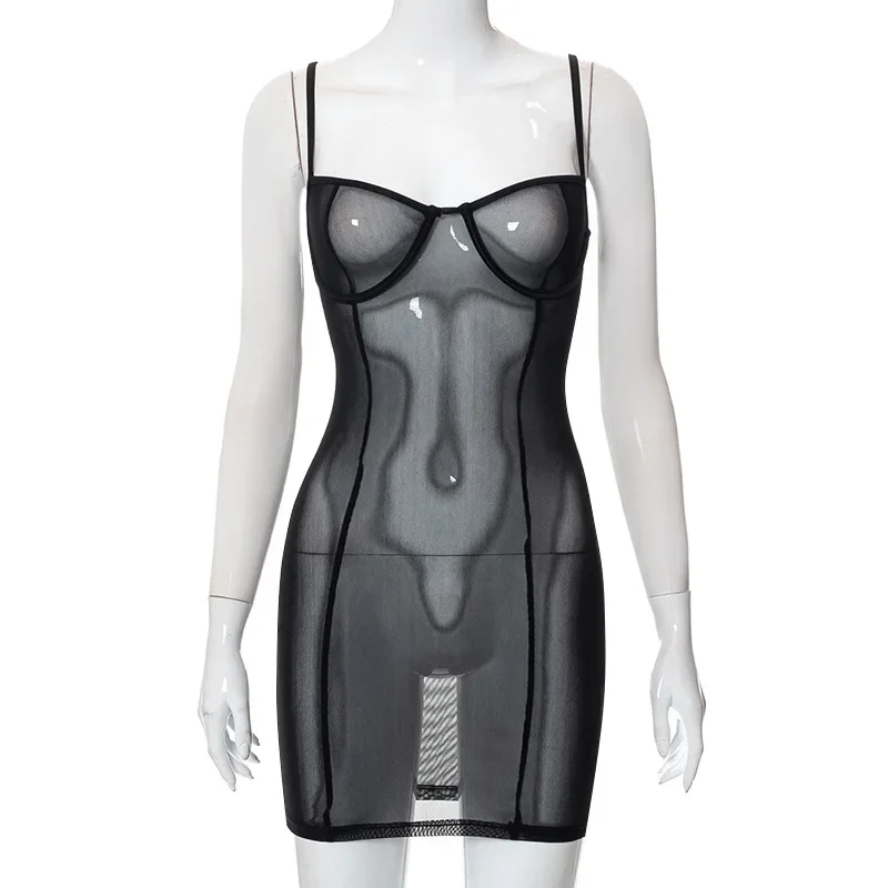

Women Sexy See Through Mesh Spaghetti Straps Mini Dress